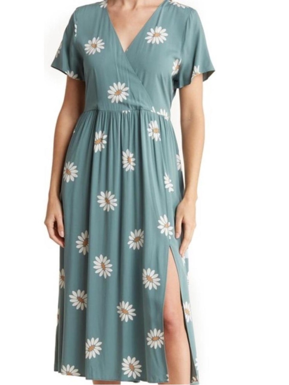 Daisy-Print Teal Wrap Midi Dress - Teal
